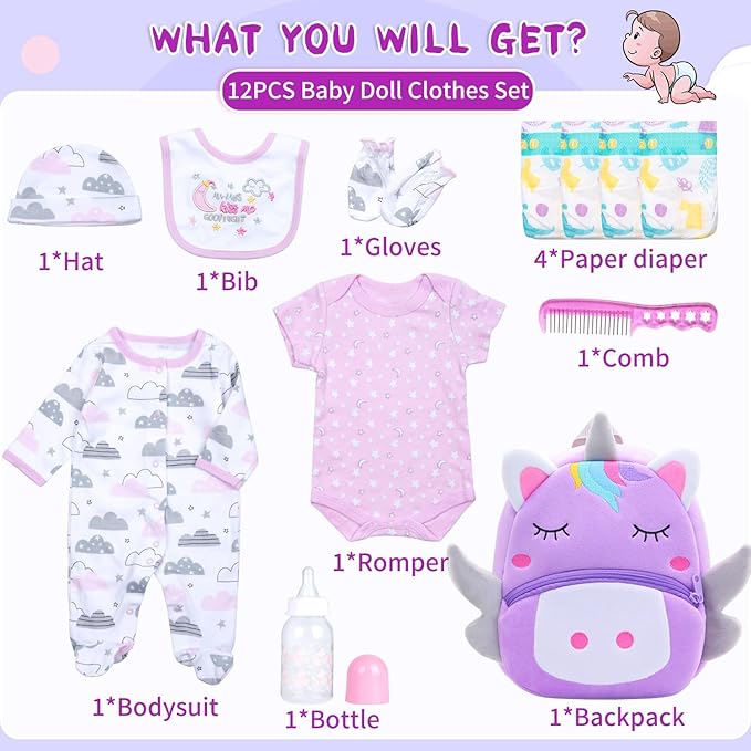 12 Pcs Reborn Baby Doll Clothes for 18-22 Inch Reborn Dolls Clothes Accessories Purple Big Backpack+Diapers +Bottle