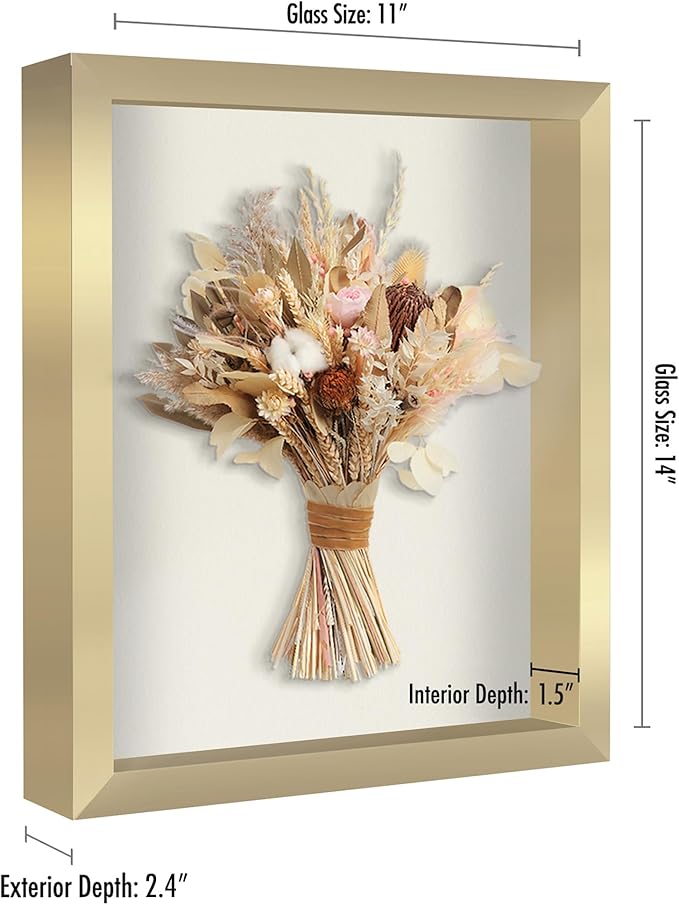 Americanflat 11x14 Shadow Box Frame with Shatter-Resistant Glass - Silhouette Collection - Large Shadow Box Display Case for Tabletop and Wall Display - Gold with Soft Felt Back