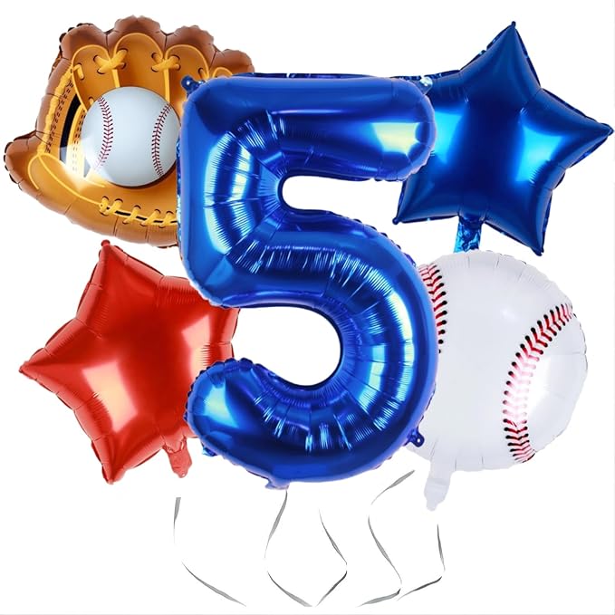 Baseball Balloons 5th Birthday Decorations for Boys | Baseball Birthday Decoration Sports Theme Party Supplies, 32Inch Foil Mylar Number 5 Balloon Navy Blue Red White Sports Balloon Arch Kits
