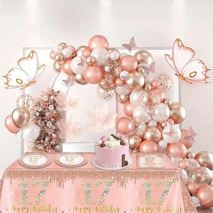 41PCS 17th Birthday Decorations for Girls,Rose Gold 17th Birthday Plates and Napkins,Tablecloth Kit Disposable 17th Birthday Paper Tableware Set for Girls 17 Years Old Birthday Party Supplies