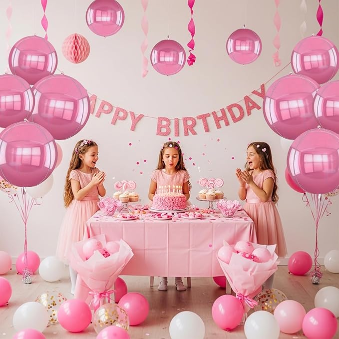 TONIFUL 16Pcs Large Pink 4D Giant Round Foil Balloon 4D Mirror Metallic Mylar Sephere Balloons for Christmas New Year Birthday Party Graduation Wedding Baby Shower Decoration Supplies(Mix Sizes)