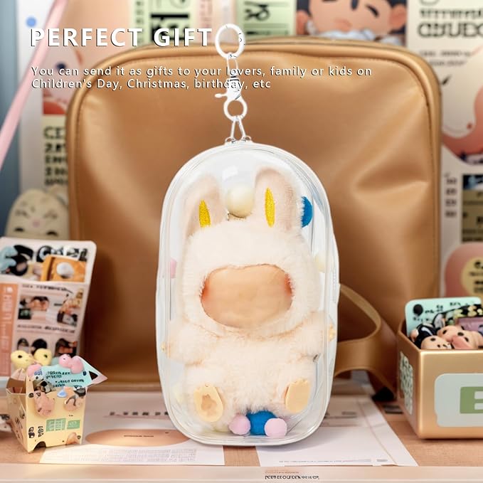 Clear Display & Storage Case for 17cm Doll – PVC Bag with Detachable Keychain for Collectible Toys and Cosmetics, Portable cases for Travel or Home Decor (7 Inches)