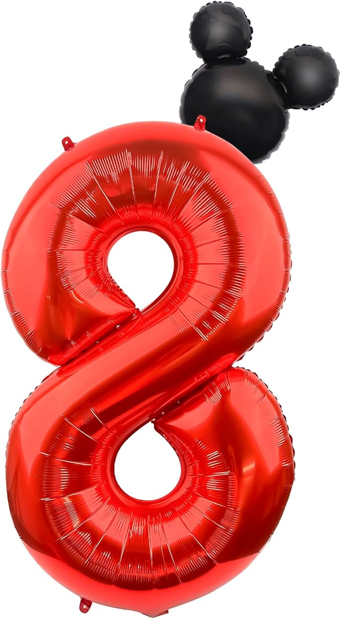Mouse Number 8 Balloon 40 Inch Red Number 8 Balloon Mini Mouse Head Balloon for 8th Birthday Party, Black Red Large Number 8 Foil Balloon for Baby Shower Anniversary Supplies Decorations