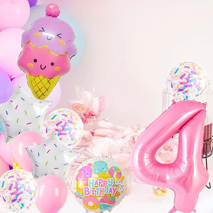 Pink Ice Cream Balloons, Number 4 Balloon, 4 Year Old Birthday Decorations, Ice Cream Balloon for Girls Birthday Party Decoration (4)