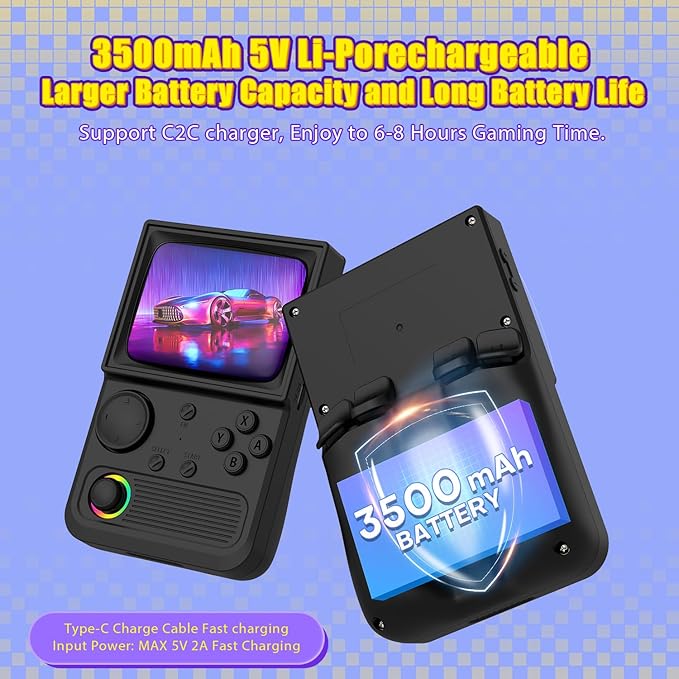 R36T Retro Gaming Console, 3.5'' IPS Screen CRT-Inspired, Handheld Game Console with 22000+ Classic Games Supports WiFi Networked Fighting and OTG, 3500mAh Battery, with Portable Case(Black 128GB)