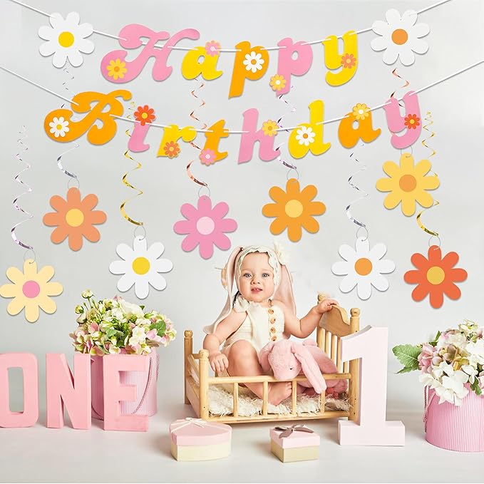 26 PCS Groovy Party Banners Boho Happy Birthday Decorations Daisy Flower Hanging Swirls Retro Hippie Ceiling Streamers for Two Groovy Retro Party Supplies