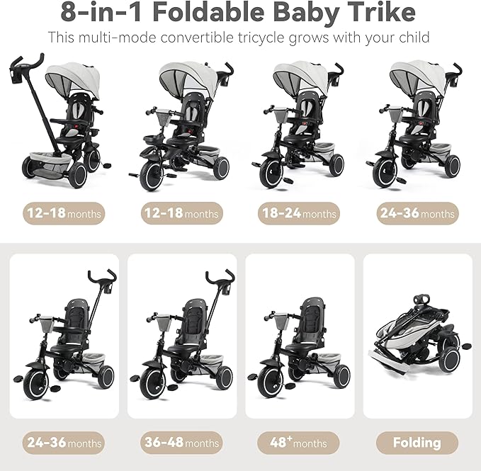 8 in 1 Kids Tricycle, Folding Toddler Tricycle w/Reversible Seat, Adjustable Push Rod & Canopy, Baby Trike Toddler Bike w/Bell, 5-Point Harness, Extra Storage, Cup Holder, Gray