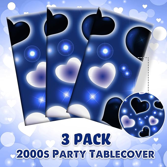 Tudomro 3 Pack 2000s Tablecloth Decoration 54 x 108 Inches Cholo Party Table Cover Y2k Party Decoration Heart Disposable Kpop Table Cloth for Birthday Supplies(Blue)