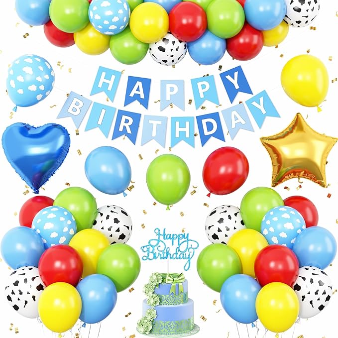 Red Yellow Blue Birthday Decorations,Kids Birthday Decor with Cow Print Sky Light Blue Cloud Balloon Banner Cake Topper Star Heart Foil Balloon for Farm Themed Party Decorations