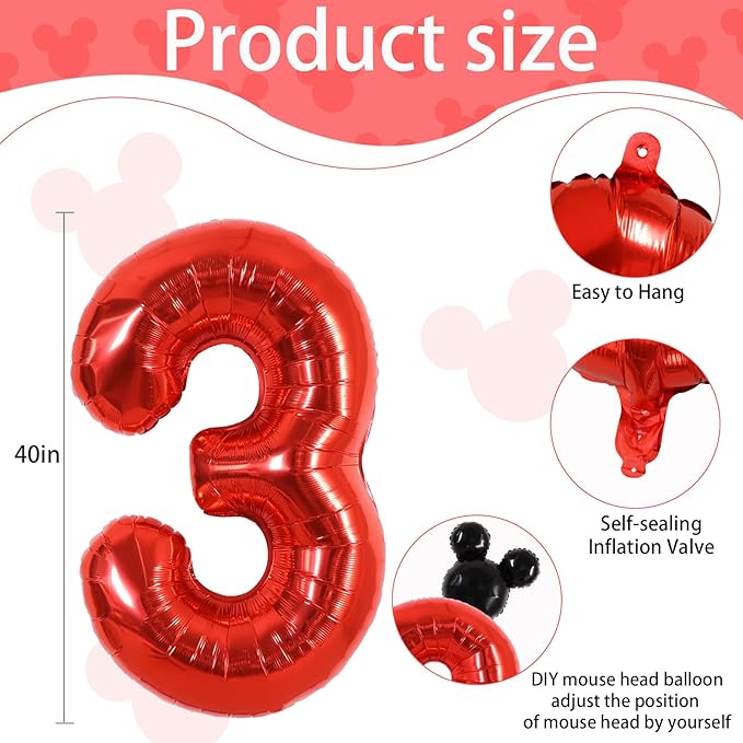 Vuzvuv 40 Inch Mouse Number Balloon No.3, Black Mouse Head Balloon and Red Giant Giant Number Three Balloon for Birthday, Mouse Theme Party Supplies, Baby Shower,Anniversary Decoration