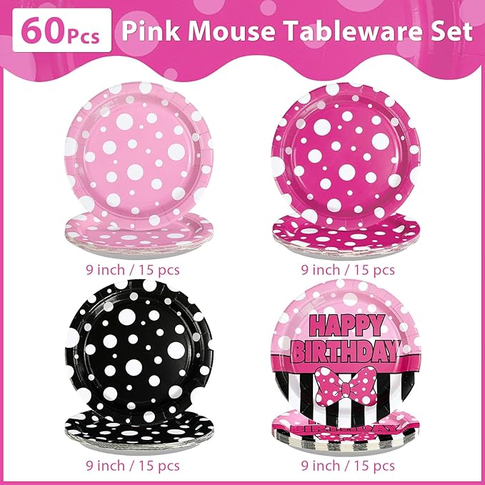 60Pcs Pink Mouse Birthday Paper Plates 9" Heavy Duty Disposable Cartoon Mouse Birthday Dessert Plates Pink Black White Polka Dot Bow Party Decorations for Kids Girls Bday Baby Shower Party Supplies