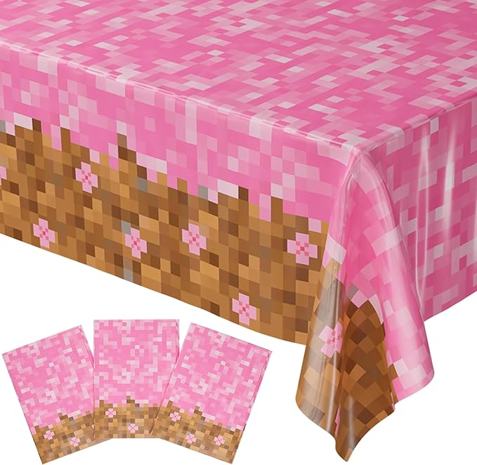 Blue Orchards Pixel Flower Table Cover (Pack of 3) - Girl Gamer Party Decorations, Gamer Birthday Tablecloth for Girls, Girls Birthday Party Supplies, Pixel Miner Party