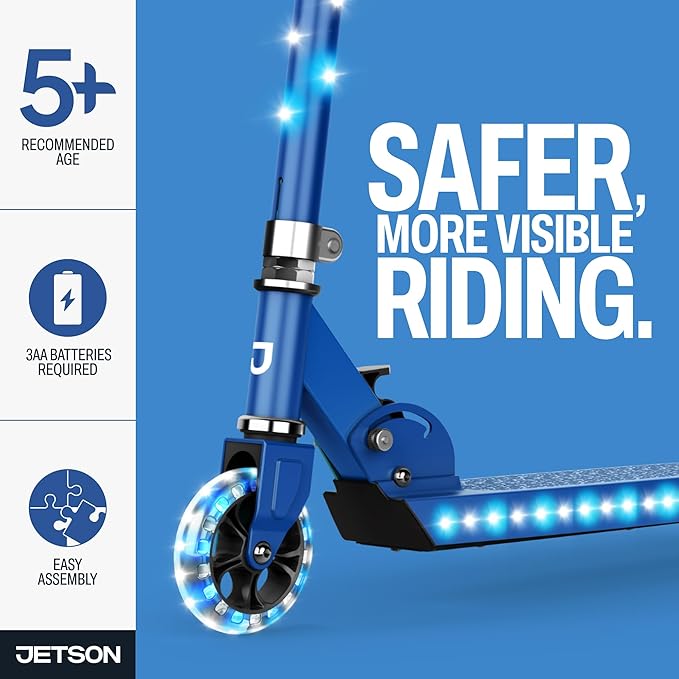 Jetson Jupiter Kids 2-Wheel Light-Up Kick Scooter, LED Lights on Handlebar, Stem, Wheels & Deck, Adjustable Handlebar, Rear Brake, Easy-Folding Mechanism, Ages 5+