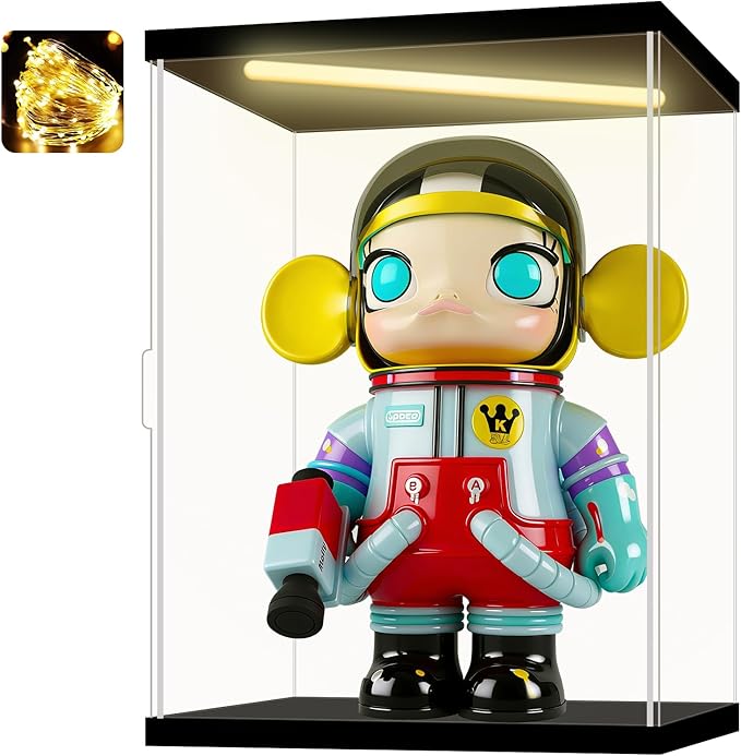Acrylic Display Case for Collectibles, Action Figures & Trophies, Black Base Solid Yellow Light, 11.8×11.8×15.8 Inch