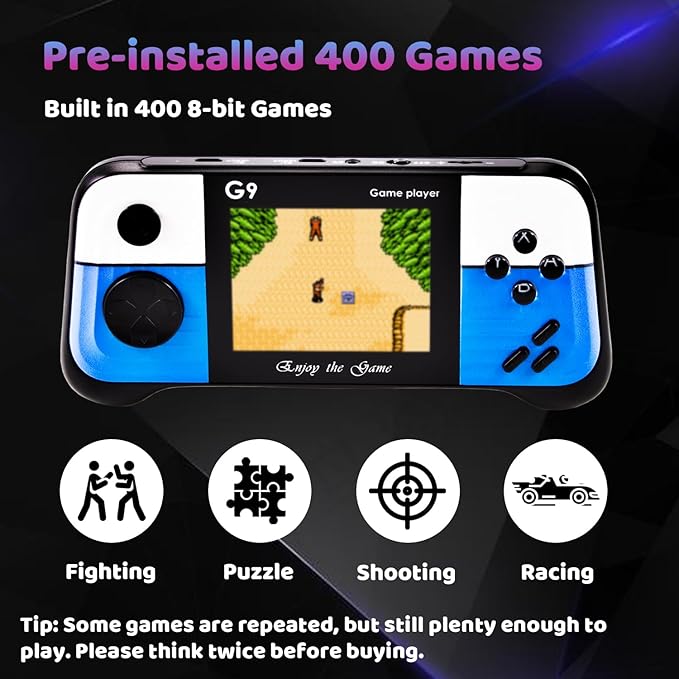 Handheld Game Console Built-in 400 Retro Games, Travel-Friendly Gaming Console with Long Battery Life, Plug and Play Video Game Console for Kid Adult (Blue)