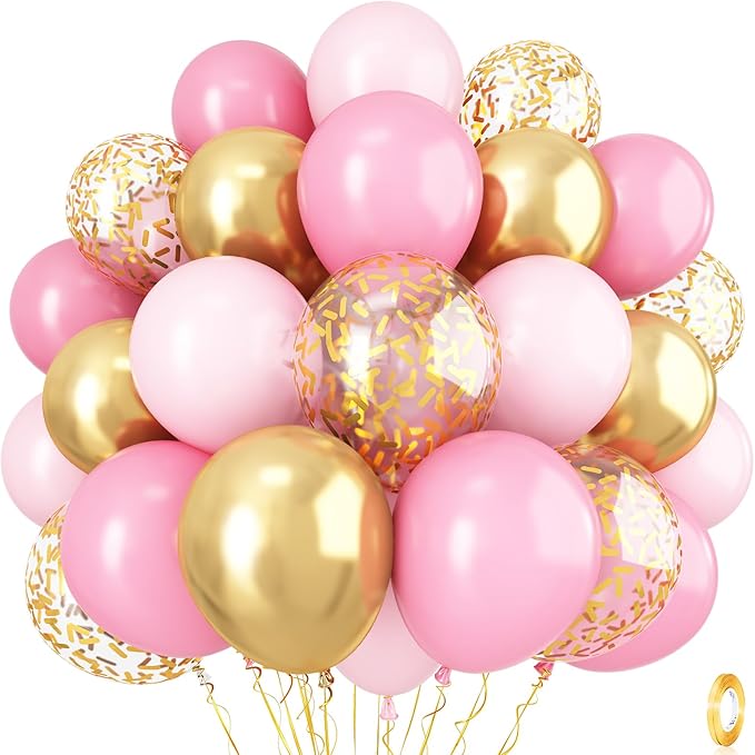 Pink Gold Balloons Set, 12 Inch Matte Pink Pastel Baby Pink Metallic Gold Confetti Latex Balloons for Girls Women, Pink Gold Party Balloons for Birthday Baby Bridal Shower Wedding Party Decorations