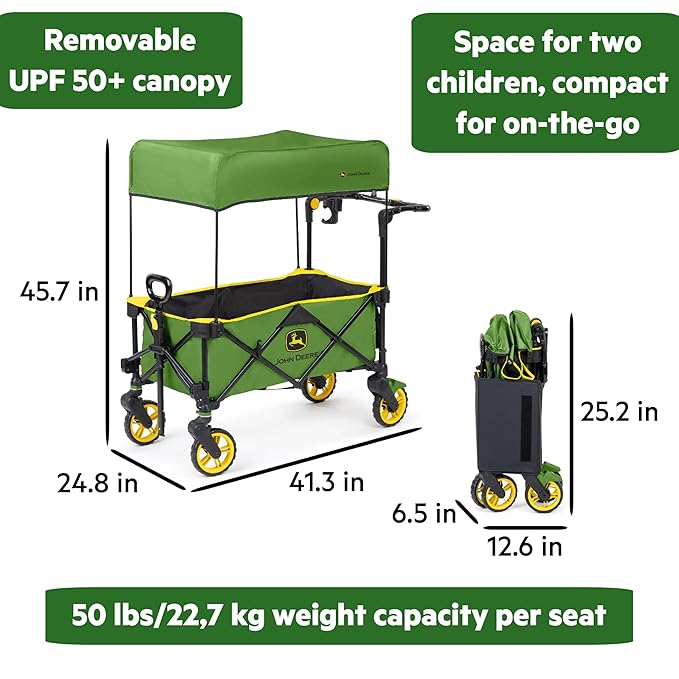 Bright Starts John Deere Pop 'N Ride Stroller Wagon, Foldable with Sun Shade 50+ SPF Protection, Seats 2 Kids at Once, Green & Yellow Unisex