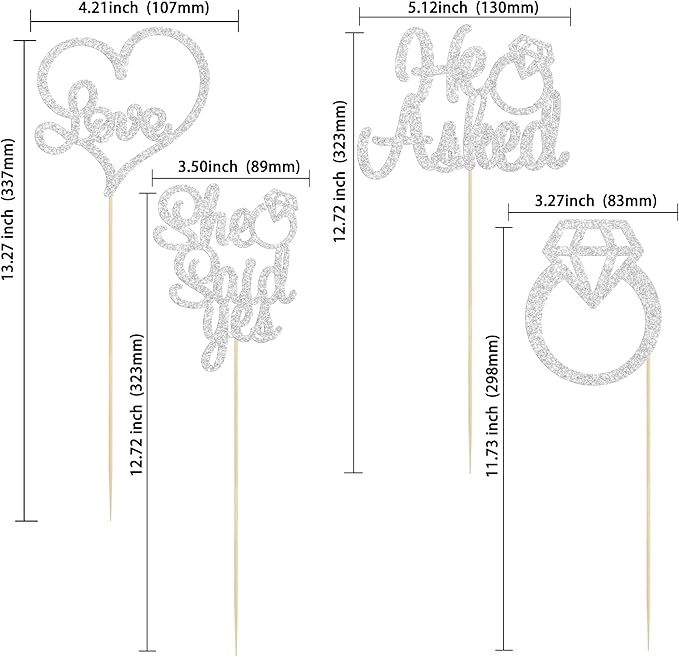 Gyufise 12Pcs He Asked She Said Yes Centerpiece Sticks Double Sided Love Heart I Do Ring Table Centerpiece Sticks for Wedding Engagement Bridal Theme Party Supplies Silver