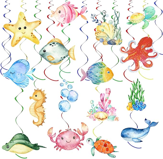 36Pcs Tropical Fish Hanging Swirl Under The Sea Party Birthday Decor Sea Animals Ocean Themed Fish Birthday Party Swirls Streamers Supplies for Boys Girls Mermaid Creatures Baby Shower Decorations