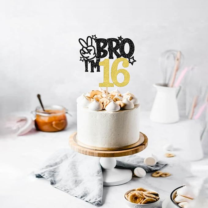 1 PCS Brother I'm 16 Cake Topper Glitter Star Happy 16th Birthday Cake Pick Bro I'm 16 Cake Decoration It's My 16th Birthday Decorations for Boys Cheers to 16 Years Birthday Party Supplies Gold