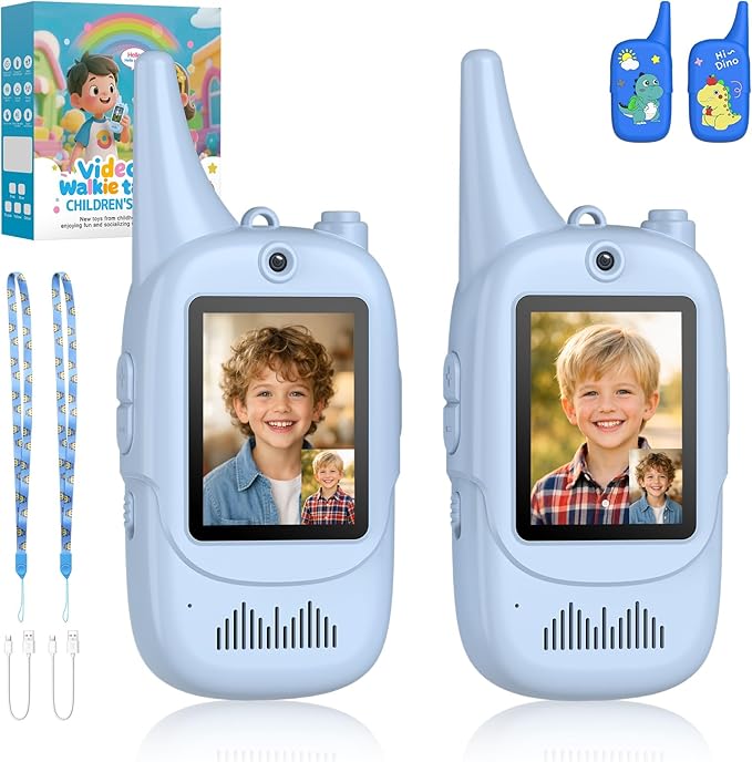 Anbte Video Walkie Talkies for Kids with Cute Silicone Case, 2 Pack Rechargeable Two Way Radios Toys for Boys Girls Age 3-8, Easy to Use, for Family Game Outside Camping Indoor Outdoor, Blue