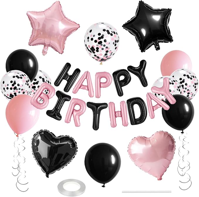 27 Pcs Black Pink Birthday Decorations, 3D Letters Black Pink Happy Birthday Balloon Banner, Pentagram Heart Foil Balloons Confetti Balloons Kit For Boys Girls Party Supplies