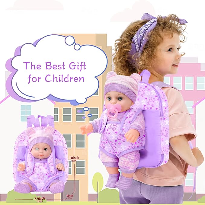 12'' Baby Doll with Bear Pattern Backpack in Gift Box,Including Clothes Accessories, Backpack, Baby Bottle, Pacifier, Hat, Socks, and Handkerchief for 3+ Child Girls Gifts