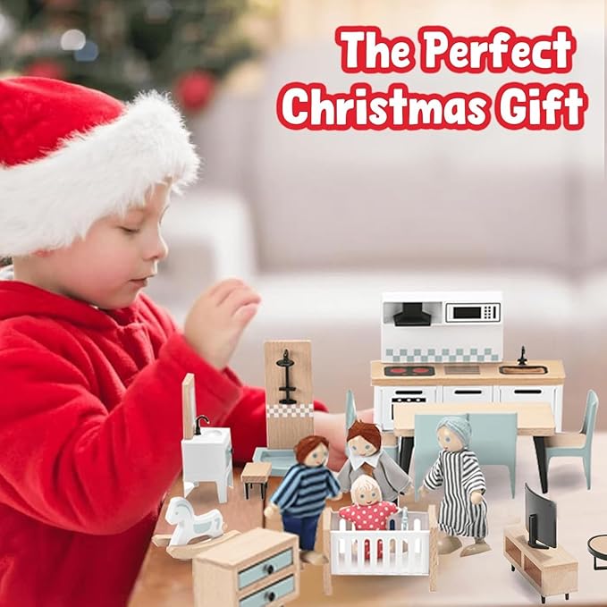 Giant bean 36pcs Wooden Dollhouse Furniture Set 5 Rooms 4 Family Dolls, Wood and Plastic Blue Dollhouse Accessories, Pretend Play Furniture Toys Christmas Birthday Gift for Boys Girls Kids Toddlers 3+