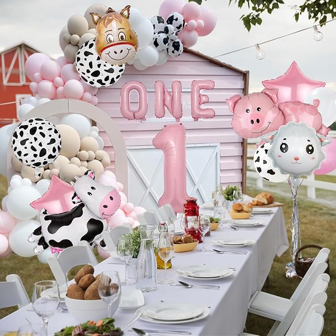 19 PCS Farm Animal Theme Party Balloons Number 1 ONE Letter Banner Balloon Farm Cow Print Sheep Pig Donkey Mylar Foil Balloons Baby Shower Boy Girl 1st Birthday Party Decor Supplies (1st)