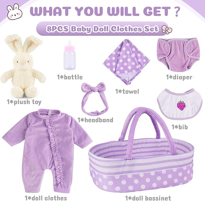 BABESIDE 8 Pcs Reborn Baby Doll Clothes with Bassinet for 17-22 Inch Babydolls, Reborn Baby Doll Accessories fit Dolls Girls, Baby Dolls Clothes for Realistic Dolls,Toy Gift for Kids