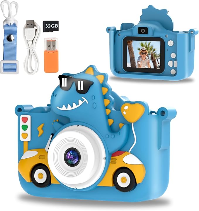 Kids Digital Camera, 1080P HD Video Camera for Toddlers with 32GB SD Card, Dinosaur Protective Case, Card Reader, Fun Selfie Toy Camera for Ages 3-12, Christmas/Birthday Gift for Boys & Girls (Blue1)
