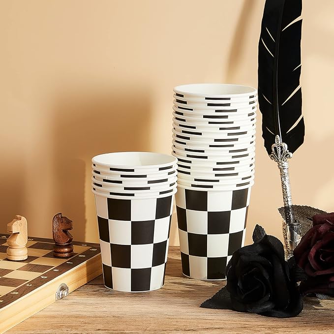 Cunhill 100 Pieces Checkered 9 oz Paper Flag Race Car Cups Party Supplies Black and White Cups Bulk Disposable Beverage for Checkered Themed Birthday Party Decorations