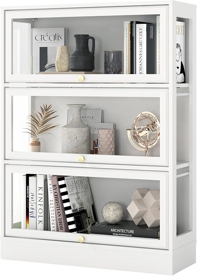 Display Cabinet with Acrylic Glass Doors,3-Tiers Curio Cabinet with LED Lighting for Collectibles, Collectibles Toy Organizers Rack & Display Shelf Display Case Storage Cabinet, White