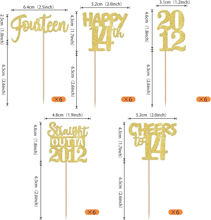 30PCS Straight Outta 2012 Cupcake Toppers Gold Glitter Fourteen Happy 14th Birthday Cupcake Picks Cheers to 14 Years Cake Decorations for 14th Birthday Anniversary Party Decoration Supplies