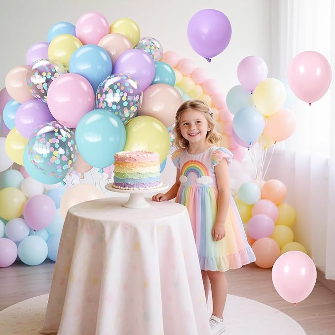 Pastel Balloons, 12 Inch Rainbow Macaron Pink Blue Teal Yellow Purple Apricot Assorted Balloon whit Colorful Confetti Clear Balloon for Easter Birthday Bridal Baby Shower Wedding Tea Party Decor