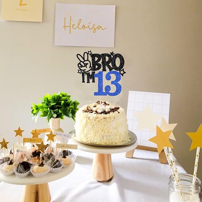 1 PCS Brother I'm 13 Cake Topper Glitter Star Happy 13th Birthday Cake Pick Bro I'm 13 Cake Decoration It's My 13th Birthday Decorations for Boys Cheers to 13 Years Old Birthday Party Supplies Blue
