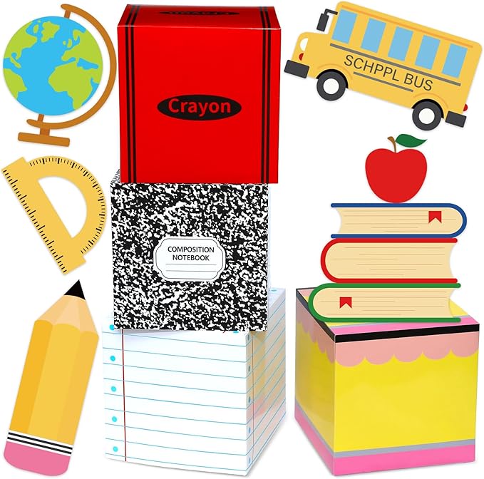 Back to School Party Decoration Balloon Box Sets Includes Pencil Crayon Notebook Line Drawing Balloon Boxes with School Bus Book Globe Ruler Large Cards for Teacher Props Pencils Photo Prop Supplies