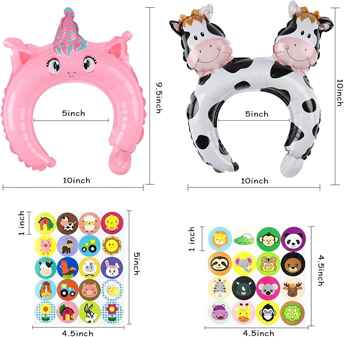 MALLMALL6 100p Zoo Animal Inflatable Headbands Wildlife Balloon Hair Hoop Include Forest Safari Farm Animals Jungle Theme Birthday Party Supplies with Animal Stickers Party Favors Costumes for Kids