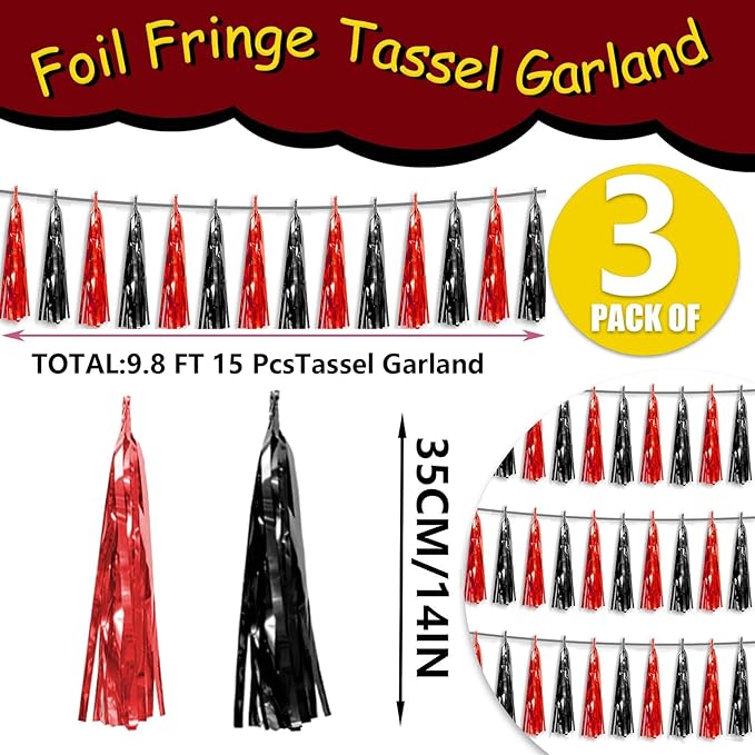 3P Metallic Fringe Tassel Banner Garland Foil Tinsel Streamer Wall Hanging Curtain Backdrop Banner for Parade Floats, Halloween Decorations, Christmas Day Party Decoration(Black red)