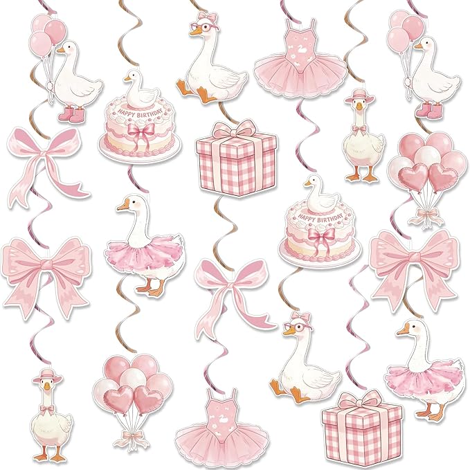 Goose Birthday Decorations One Silly Goose Hanging Swirl Decorations Pink Goose Party Supplies for Baby Girl 1st Birthday Bow Theme Baby Shower Ceiling Decor