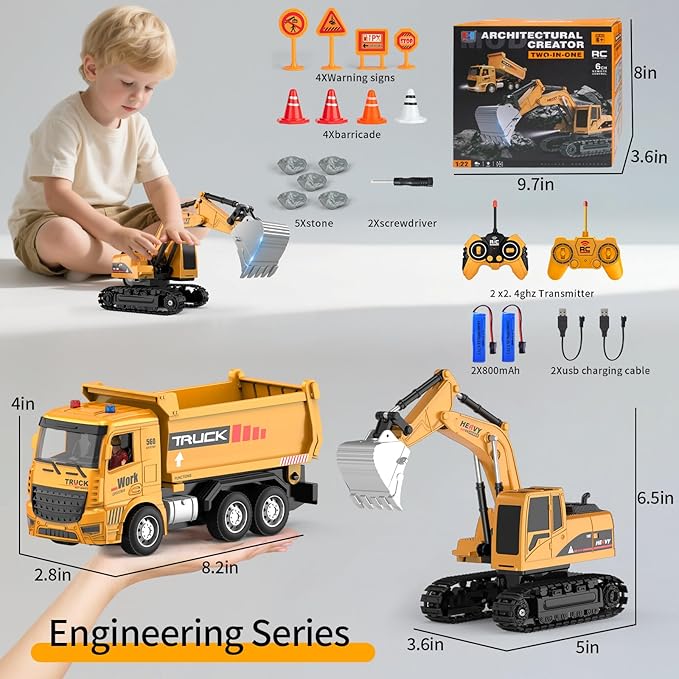 Remote Control Excavator and Dump Truck Toy Set - RC Construction Vehicles Toy with Barricades, Road Signs, Simulated Rocks, Lights and Sounds, Present for Toddlers 3-12 Year Boys Girls