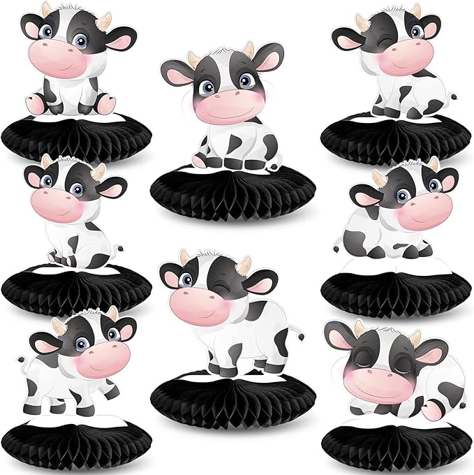 Outus 8 Pieces Cow Honeycomb Centerpieces 3D Cow Party Decoration for Tables Farm Animal Barn Party Supplies for Western Theme Birthday
