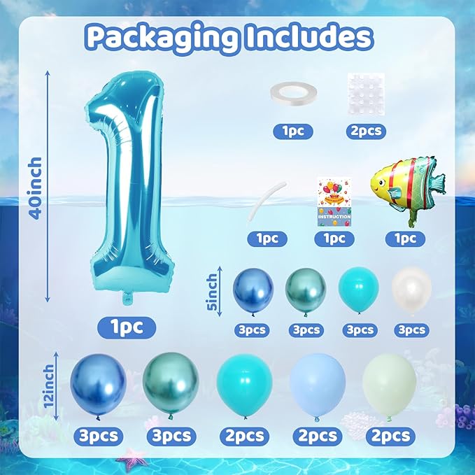 Blue Number 1 Balloon 40 Inch Ocean Under the Sea Number One Foil Balloons Tower with Shark Bubble Fish for Boys First 1st Birthday Party Decor Green Underwater Digital Aluminum Balloons Stack