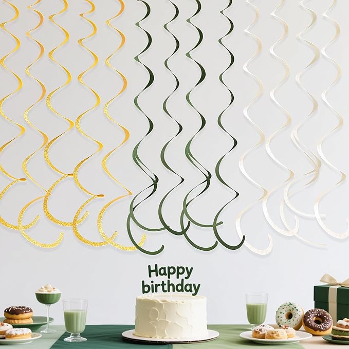 36Pcs Sage Green Gold Hanging Swirl Decorations Glitter Gold Olive Green Beige Felt Swirl Streamer Spiral Ceiling Garland for Wild One Jungle Woodland Safari Neutral Birthday Baby Shower Wedding Party