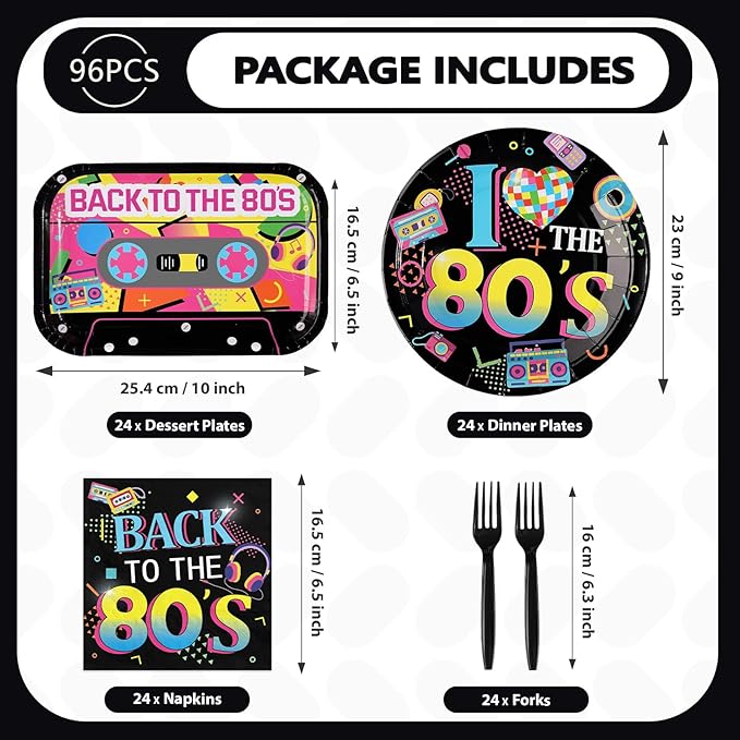 96Pcs 80s Party Decorations Back to The 80's Theme Plates and Napkins Tableware Sets Retro Colorful Hip Hop Decorations for Birthday Wedding Anniversary 1980's Party Supplies Serves 24