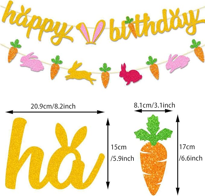 Zwiebeco Gold Happy Birthday Easter Banner Bunny Carrot Bunting Garland Hanging Paper Party Decoration Supplies for Spring Boys Girls Kids Baby Shower Bday Decor Accessories Supplies