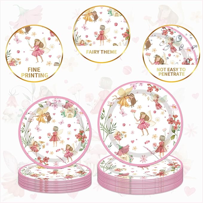 Fairy Birthday Party Supplies Tableware - 96PCS Butterfly Flower Fairies Plates and Napkins Birthday Decorations, Enchanted Forest Garden Party Tableware Set, Fairy Party Supplies Serve 24 Guests