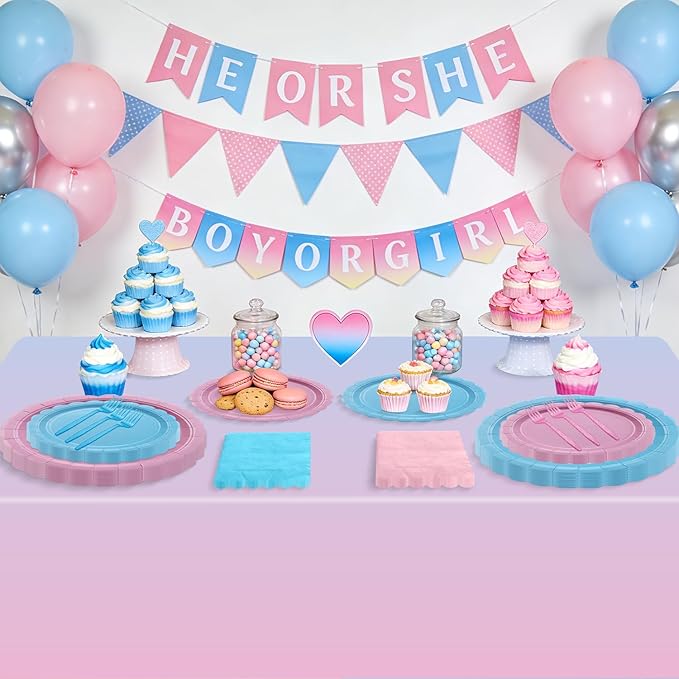 Gender Reveal Party Supplies Set for 20 Guests, Including Pink Blue Tablecloth, Forks, Napkins and Plates for Gender Reveal Decorations Baby Shower Boy or Girl Party