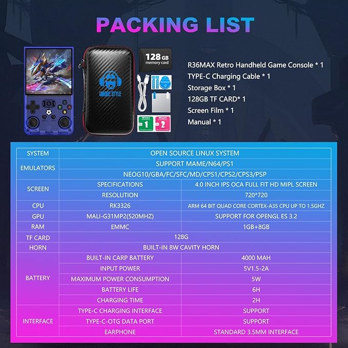 R36MAX Retro Handheld Game Console, 4.0 Inch 720x720 IPS Screen, 128GB Built-in 22000+ Classic Game, Portable Hand Held Open Source Linux System, 4000mAh Battery Retro Gaming Console(Blue 128GB)