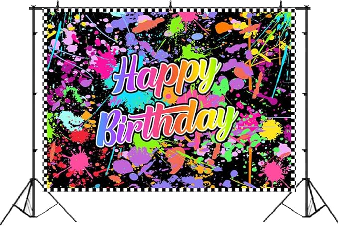Lofaris Neno Glow in The Dark Birthday Backdrops for Photography Colorful Graffiti Splash Paint Party Background Slime Happy Birthday Theme Black Light Sleppover Party Decorations